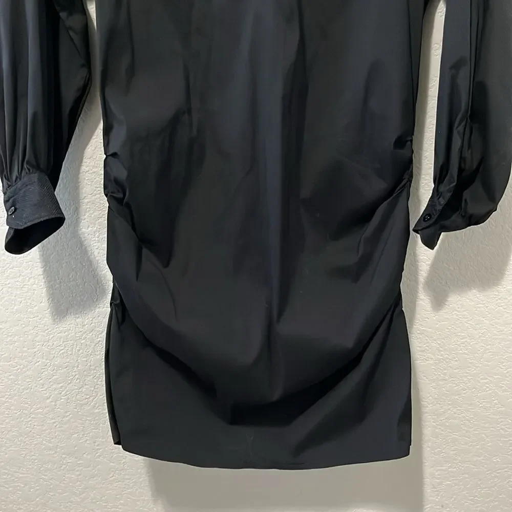 SARA ROKA Black Button Down Mini Shirtdress, Ruched Sides, Size 40(IT), S/4(US) - Picture 2 of 10